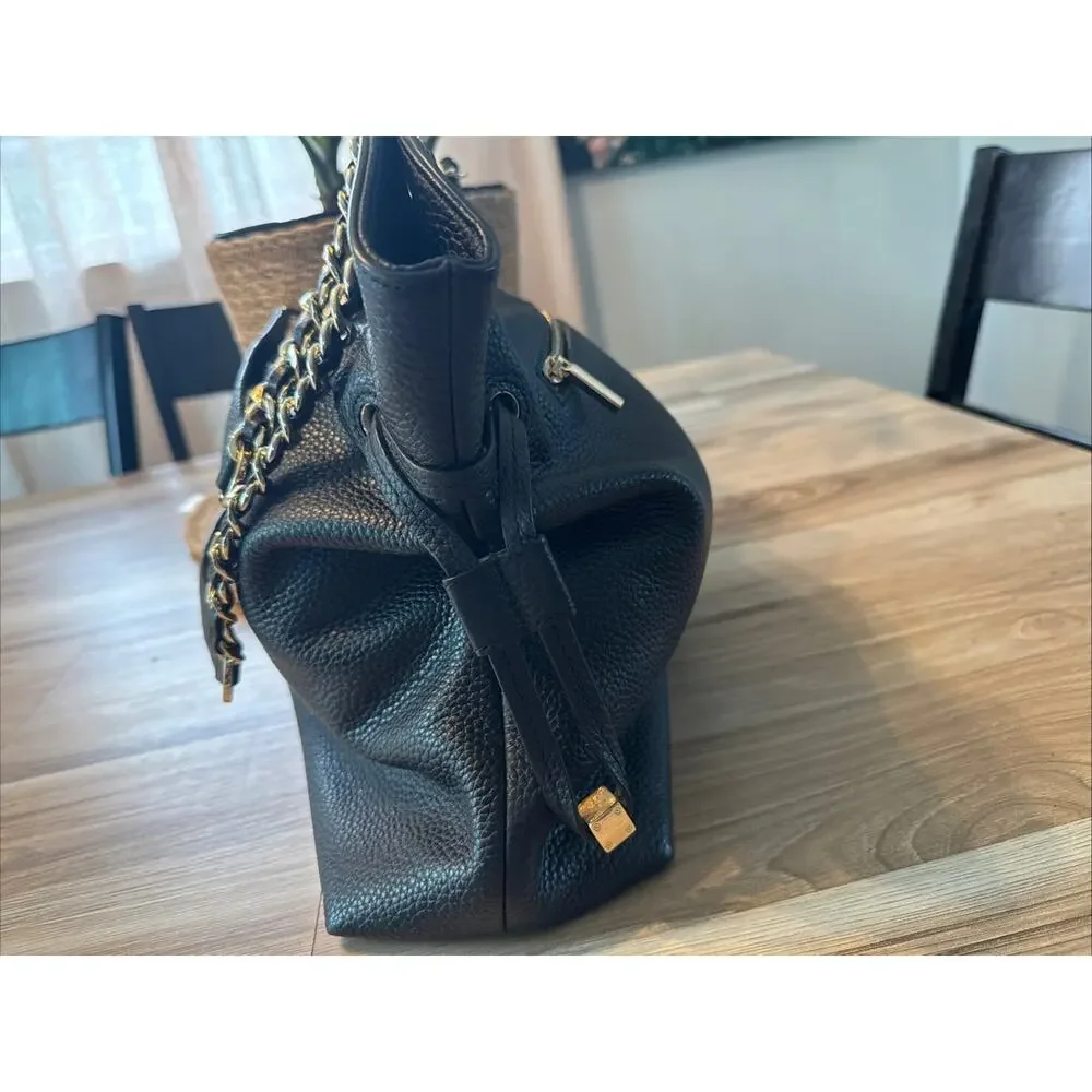 Tory Burch Thea Slouchy Chain Tote Bag Black Pebble Leather Gold Chain EUC
